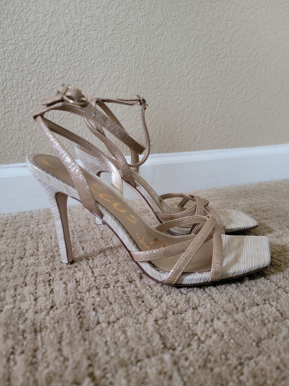 Circus by Sam Edelman Metallic Nude Strappy Ankle‑Tie Heels, Size 8.5